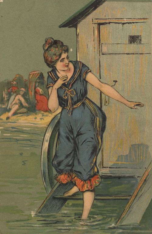 Frau im blauen Badeanzug, ins Wasser steigend