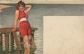 Frau im roten Badeanzug, ins Wasser steigend