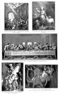Christus. 1. Paolo Veronese (ital.): Anbetung der Knige (1573; London). 2. Murillo (gest. 1682; span.): Der gute Hirte (London). 3. Leonardo da Vinci (ital.): Heiliges Abendmahl (1498; Mailand). 4. Rubens (niederlnd.): Kreuzabnahme (1612; Antwerpen). 5. F. von Uhde: Grabtragung (1896). [Mit Genehmigung der Photogr. Gesellschaft. Berlin.]