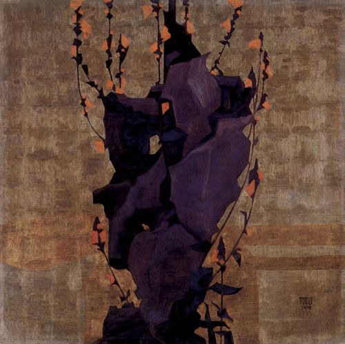 Schiele, Egon: Stilisierte Blumen vor dekorativem Hintergrund, Stillleben