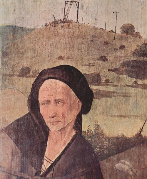 Bosch, Hieronymus: Heuwagen, Triptychon, Auenseite: Der Pilgerweg des Lebens, Detail: Pilger