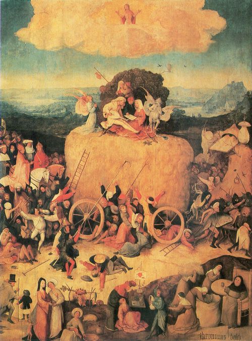 Bosch, Hieronymus: Heuwagen, Triptychon, Mitteltafel: Der Heuwagen