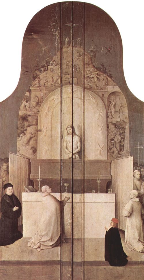 Bosch, Hieronymus: Epiphanie-Triptychon, Auenseiten der Flgel (geschlossener Zustand): Die Messe mit dem Hl. Papst Gregor I. und Stifter und dessen verstorbenen Vater sowie Christus mit den Materwerkzeugen