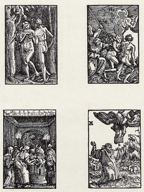 Altdorfer, Albrecht: Illustrationen fr ein Andachtsbuch, Blatt_1–4, Sndenfall, Vertreibung, Joachims Opfer, Verkndigung an Joachim